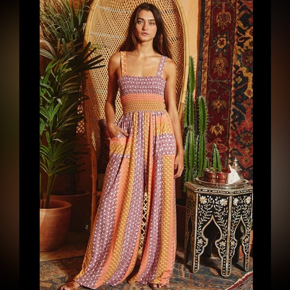 ✨NEW LIST✨ Comfy Boho Striped Patterned Jumpsuit Smocked Top Wide Leg Palazzo - Picture 3 of 7